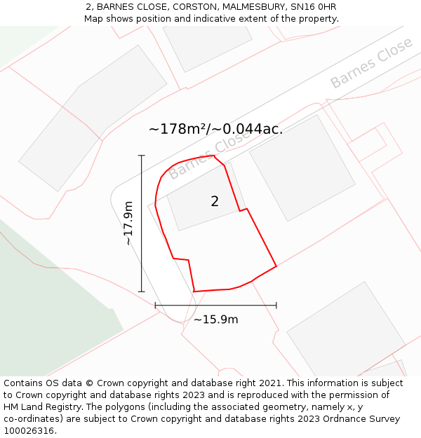2, BARNES CLOSE, CORSTON, MALMESBURY, SN16 0HR: Plot and title map