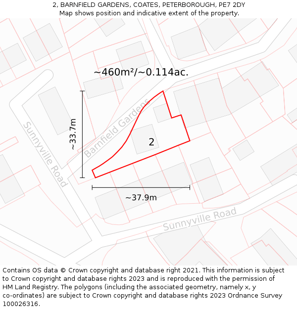 2, BARNFIELD GARDENS, COATES, PETERBOROUGH, PE7 2DY: Plot and title map