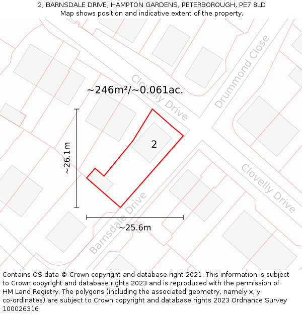2, BARNSDALE DRIVE, HAMPTON GARDENS, PETERBOROUGH, PE7 8LD: Plot and title map