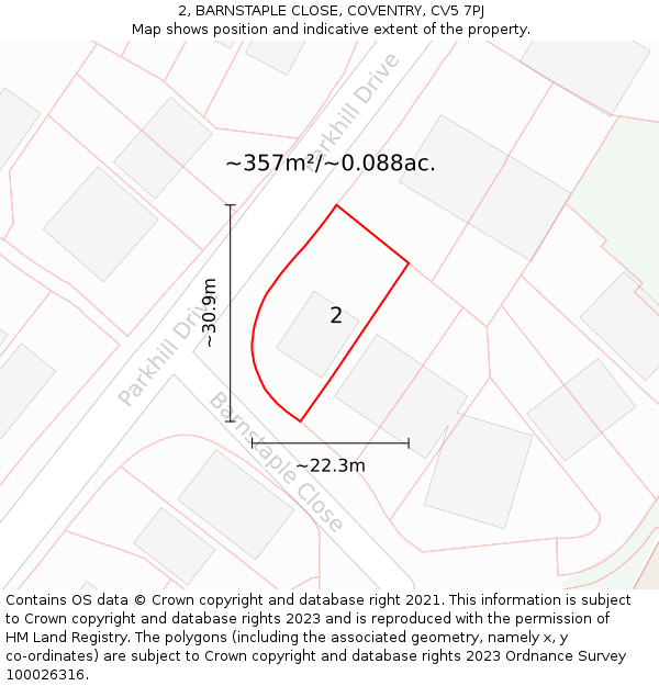 2, BARNSTAPLE CLOSE, COVENTRY, CV5 7PJ: Plot and title map