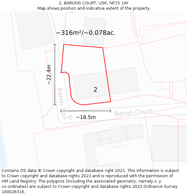 2, BARONS COURT, USK, NP15 1AY: Plot and title map