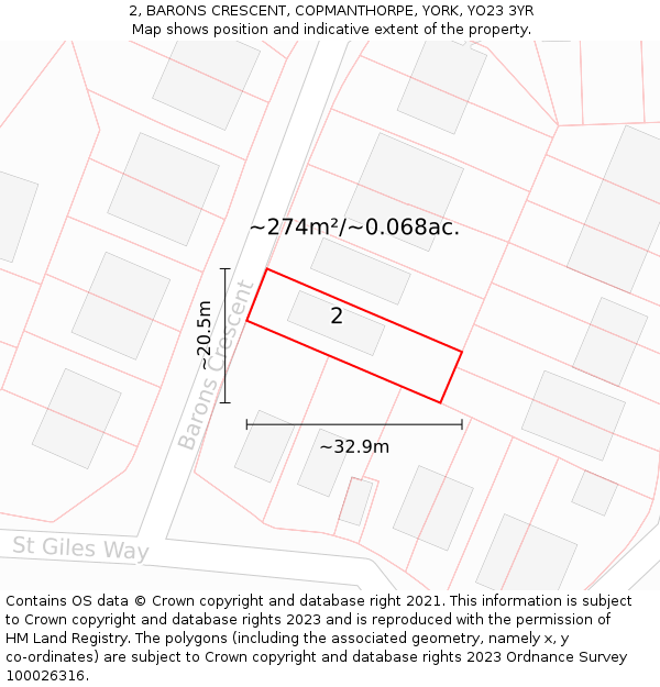 2, BARONS CRESCENT, COPMANTHORPE, YORK, YO23 3YR: Plot and title map