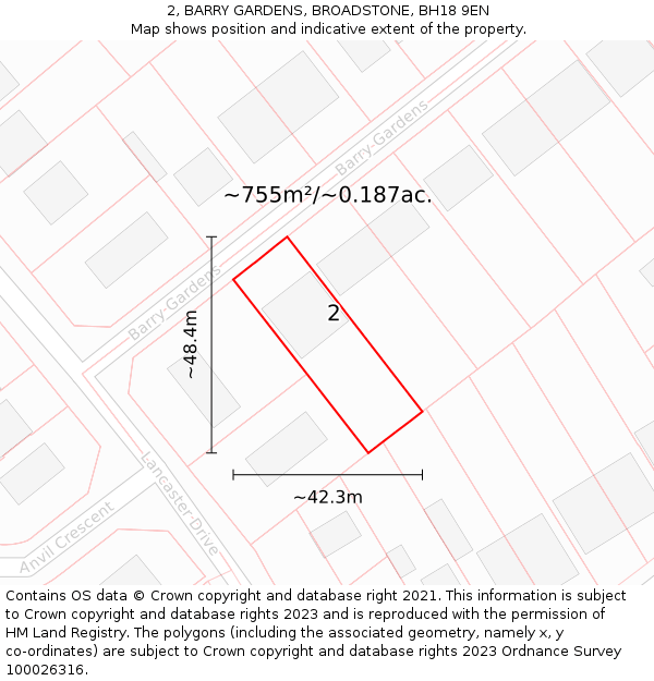 2, BARRY GARDENS, BROADSTONE, BH18 9EN: Plot and title map