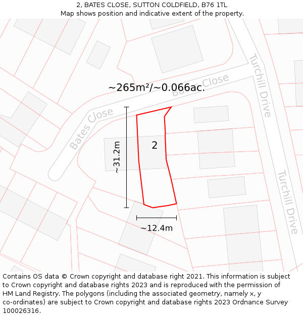 2, BATES CLOSE, SUTTON COLDFIELD, B76 1TL: Plot and title map