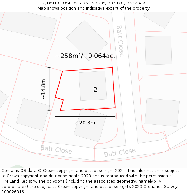 2, BATT CLOSE, ALMONDSBURY, BRISTOL, BS32 4FX: Plot and title map