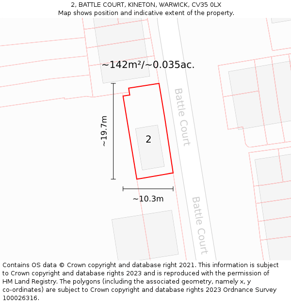 2, BATTLE COURT, KINETON, WARWICK, CV35 0LX: Plot and title map