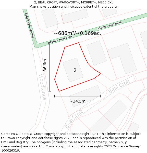 2, BEAL CROFT, WARKWORTH, MORPETH, NE65 0XL: Plot and title map