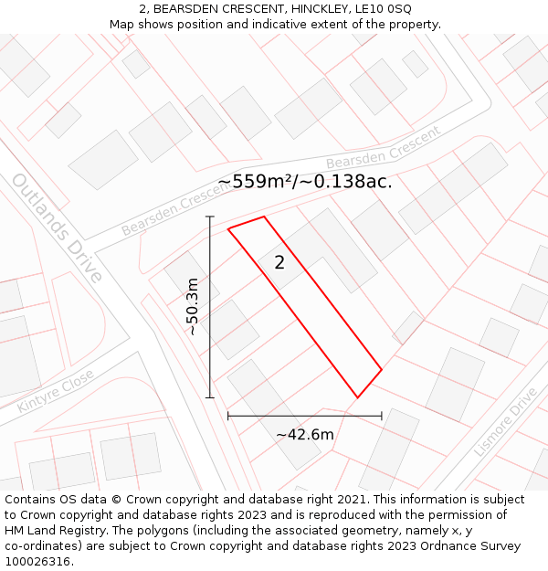 2, BEARSDEN CRESCENT, HINCKLEY, LE10 0SQ: Plot and title map
