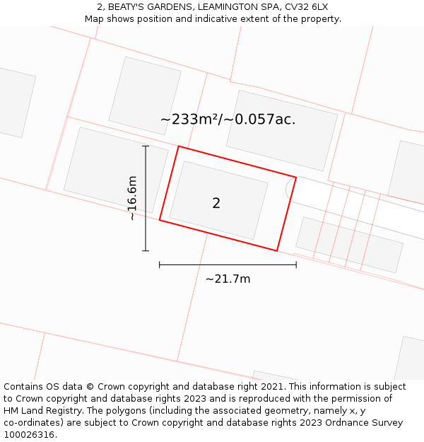 2, BEATY'S GARDENS, LEAMINGTON SPA, CV32 6LX: Plot and title map