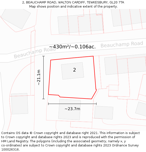 2, BEAUCHAMP ROAD, WALTON CARDIFF, TEWKESBURY, GL20 7TA: Plot and title map