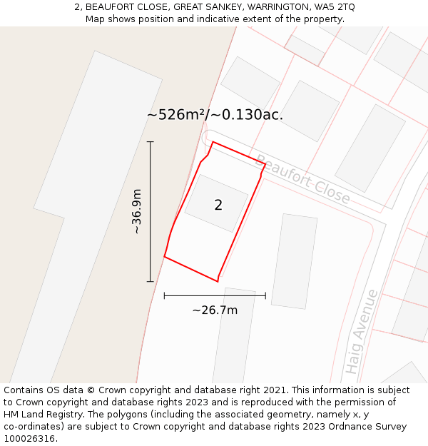 2, BEAUFORT CLOSE, GREAT SANKEY, WARRINGTON, WA5 2TQ: Plot and title map