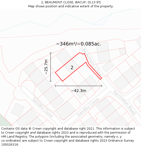 2, BEAUMONT CLOSE, BACUP, OL13 9TJ: Plot and title map