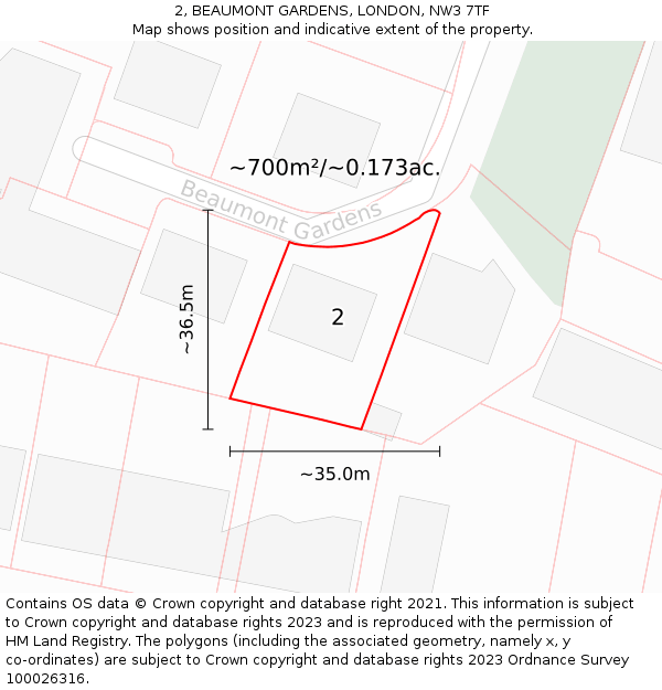 2, BEAUMONT GARDENS, LONDON, NW3 7TF: Plot and title map