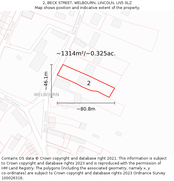 2, BECK STREET, WELBOURN, LINCOLN, LN5 0LZ: Plot and title map