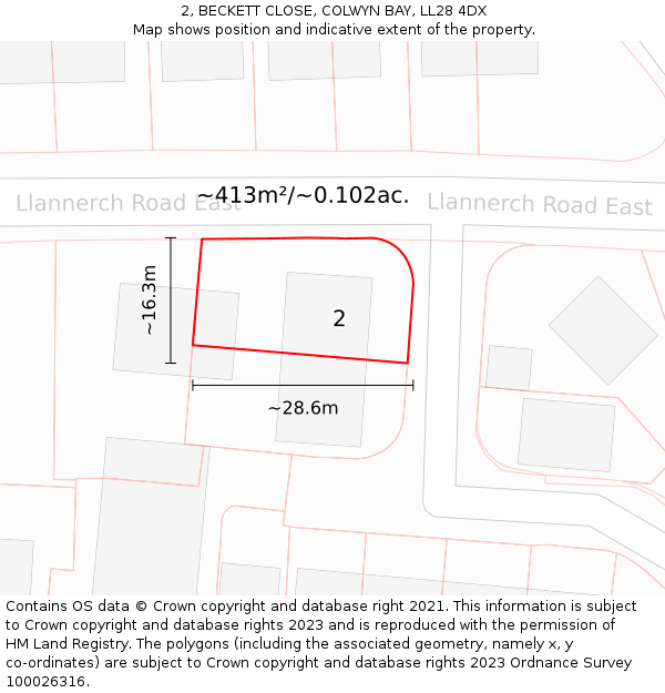 2, BECKETT CLOSE, COLWYN BAY, LL28 4DX: Plot and title map