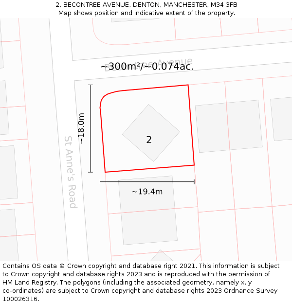 2, BECONTREE AVENUE, DENTON, MANCHESTER, M34 3FB: Plot and title map
