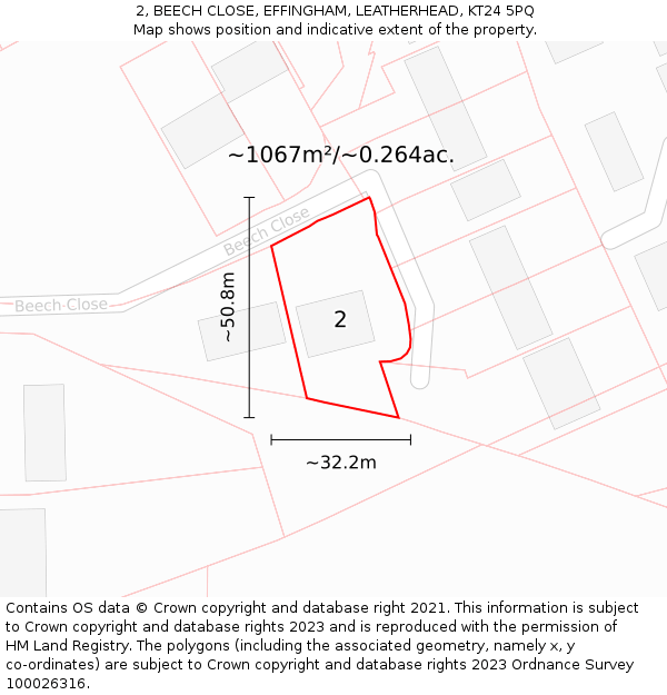 2, BEECH CLOSE, EFFINGHAM, LEATHERHEAD, KT24 5PQ: Plot and title map