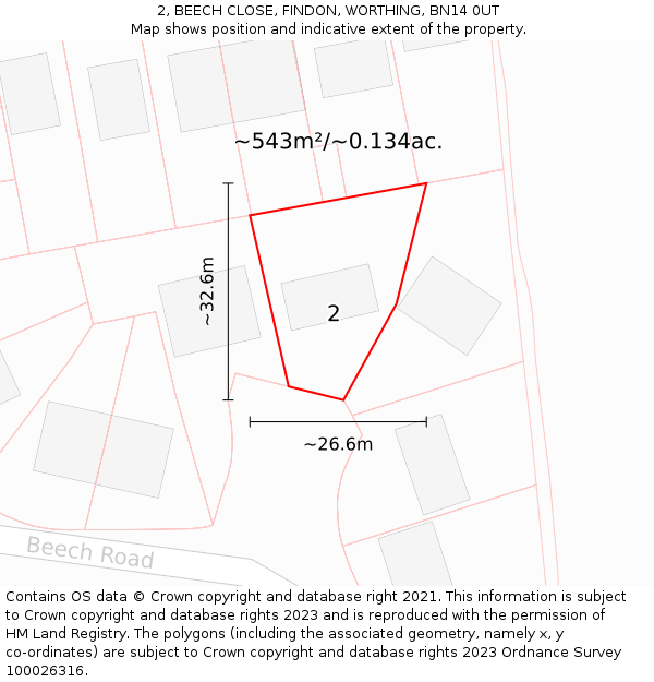 2, BEECH CLOSE, FINDON, WORTHING, BN14 0UT: Plot and title map