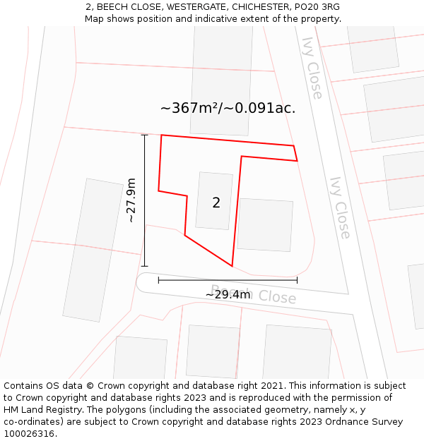 2, BEECH CLOSE, WESTERGATE, CHICHESTER, PO20 3RG: Plot and title map