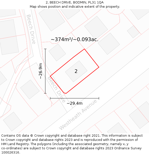 2, BEECH DRIVE, BODMIN, PL31 1QA: Plot and title map