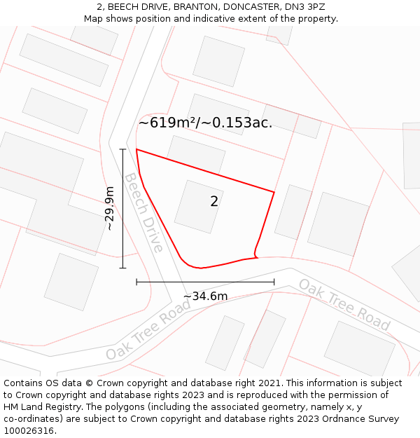 2, BEECH DRIVE, BRANTON, DONCASTER, DN3 3PZ: Plot and title map
