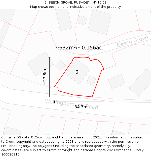2, BEECH GROVE, RUSHDEN, NN10 6EJ: Plot and title map