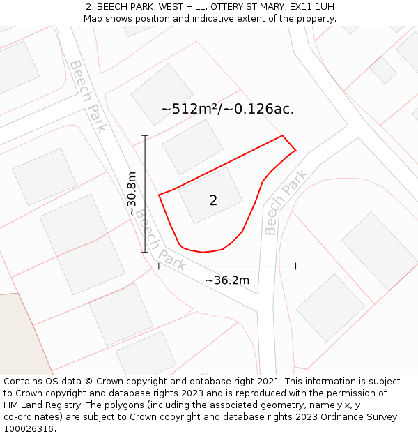 2, BEECH PARK, WEST HILL, OTTERY ST MARY, EX11 1UH: Plot and title map