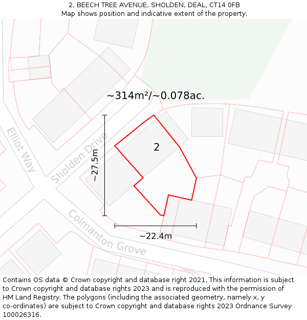 2, BEECH TREE AVENUE, SHOLDEN, DEAL, CT14 0FB: Plot and title map