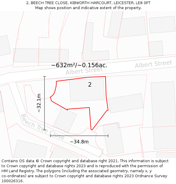 2, BEECH TREE CLOSE, KIBWORTH HARCOURT, LEICESTER, LE8 0PT: Plot and title map