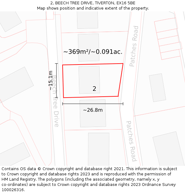 2, BEECH TREE DRIVE, TIVERTON, EX16 5BE: Plot and title map