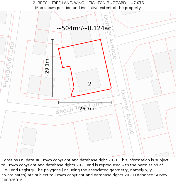 2, BEECH TREE LANE, WING, LEIGHTON BUZZARD, LU7 0TS: Plot and title map