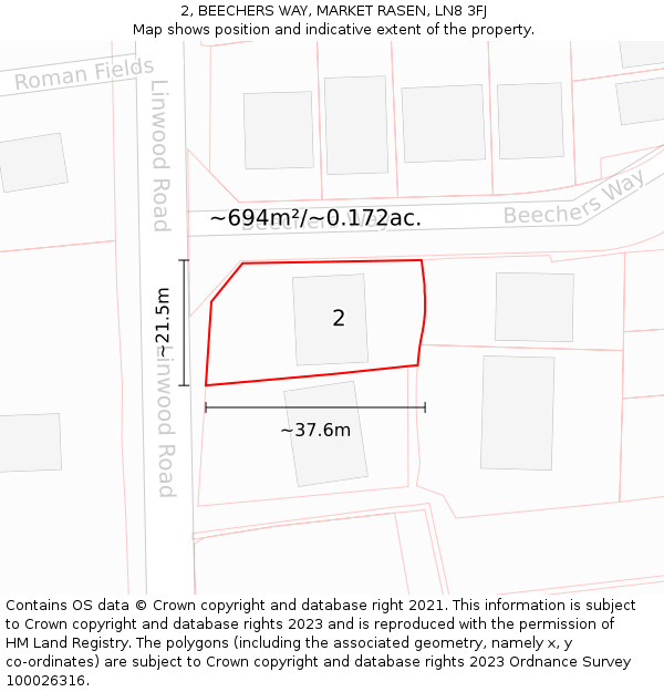 2, BEECHERS WAY, MARKET RASEN, LN8 3FJ: Plot and title map