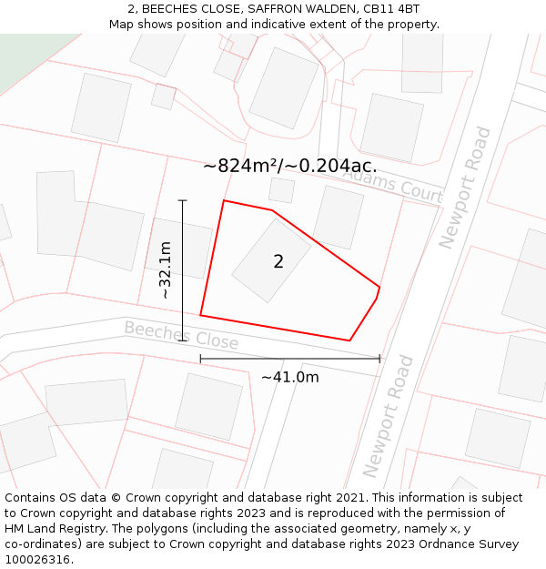 2, BEECHES CLOSE, SAFFRON WALDEN, CB11 4BT: Plot and title map