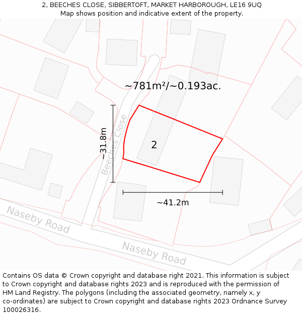 2, BEECHES CLOSE, SIBBERTOFT, MARKET HARBOROUGH, LE16 9UQ: Plot and title map