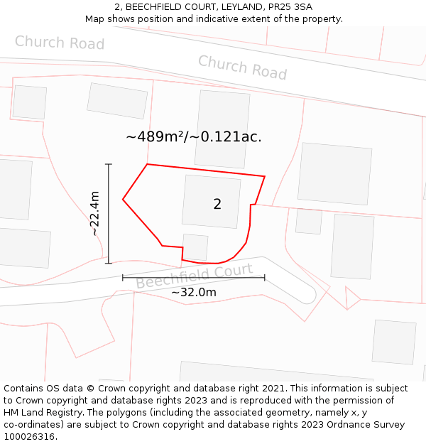 2, BEECHFIELD COURT, LEYLAND, PR25 3SA: Plot and title map