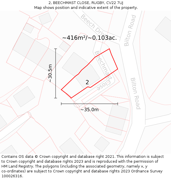 2, BEECHMAST CLOSE, RUGBY, CV22 7UJ: Plot and title map