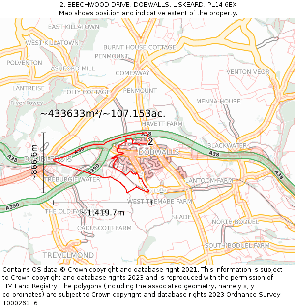 2, BEECHWOOD DRIVE, DOBWALLS, LISKEARD, PL14 6EX: Plot and title map