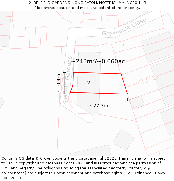 2, BELFIELD GARDENS, LONG EATON, NOTTINGHAM, NG10 1HB: Plot and title map