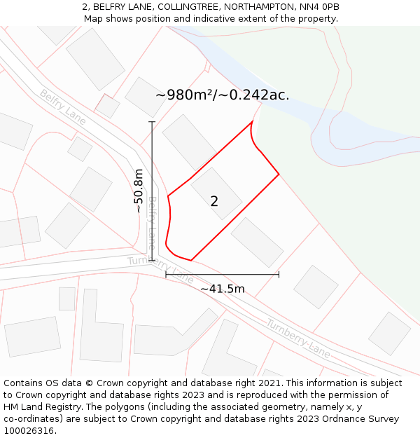 2, BELFRY LANE, COLLINGTREE, NORTHAMPTON, NN4 0PB: Plot and title map