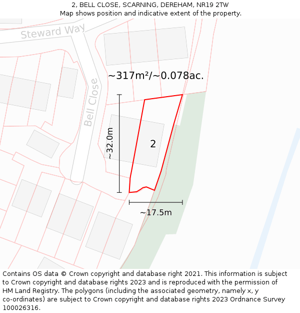 2, BELL CLOSE, SCARNING, DEREHAM, NR19 2TW: Plot and title map