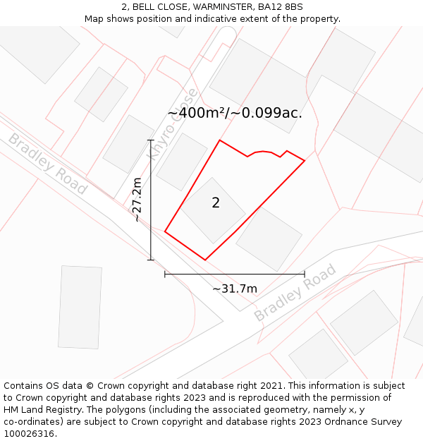 2, BELL CLOSE, WARMINSTER, BA12 8BS: Plot and title map