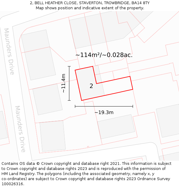 2, BELL HEATHER CLOSE, STAVERTON, TROWBRIDGE, BA14 8TY: Plot and title map