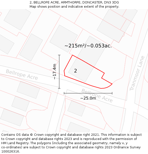 2, BELLROPE ACRE, ARMTHORPE, DONCASTER, DN3 3DG: Plot and title map