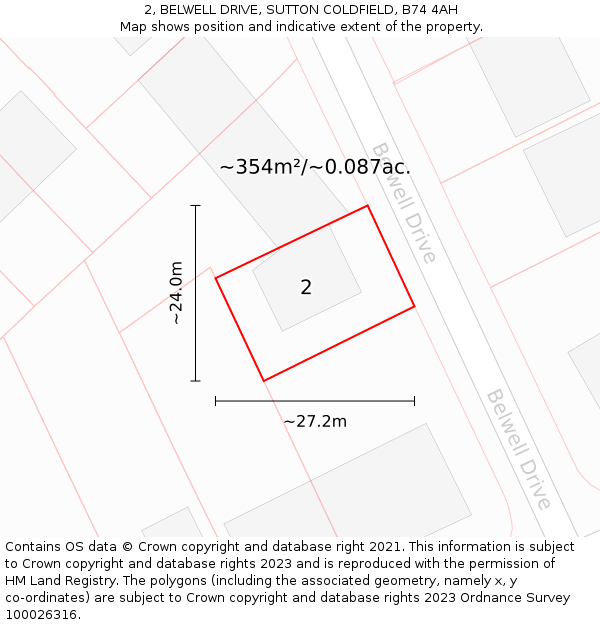 2, BELWELL DRIVE, SUTTON COLDFIELD, B74 4AH: Plot and title map