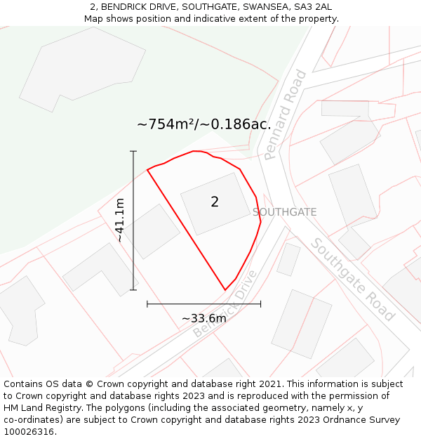 2, BENDRICK DRIVE, SOUTHGATE, SWANSEA, SA3 2AL: Plot and title map