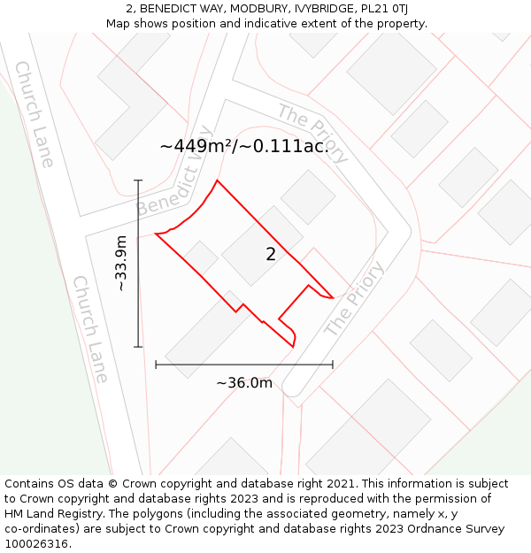2, BENEDICT WAY, MODBURY, IVYBRIDGE, PL21 0TJ: Plot and title map