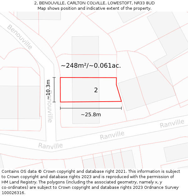 2, BENOUVILLE, CARLTON COLVILLE, LOWESTOFT, NR33 8UD: Plot and title map