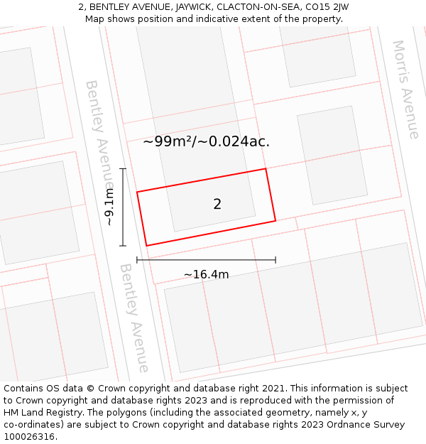 2, BENTLEY AVENUE, JAYWICK, CLACTON-ON-SEA, CO15 2JW: Plot and title map