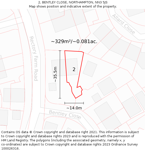2, BENTLEY CLOSE, NORTHAMPTON, NN3 5JS: Plot and title map
