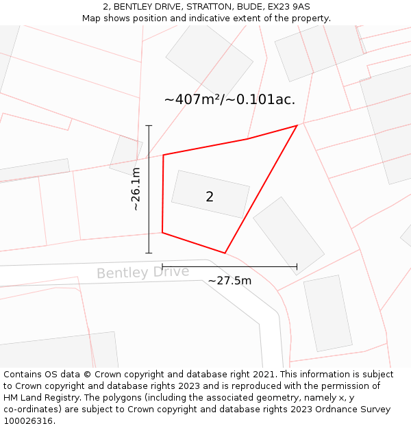 2, BENTLEY DRIVE, STRATTON, BUDE, EX23 9AS: Plot and title map